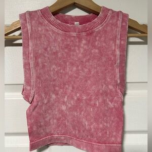 Stone Washed Ribbed Sleeveless Cropped Tank Top - Pink - L/XL